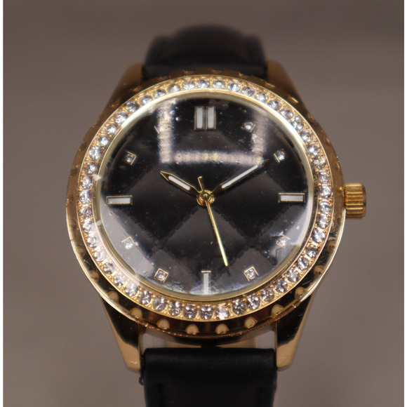 Adrienne Vittadini Womens Watch Iced Bezel Black Quilt Dial with New Battery - Picture 1 of 12